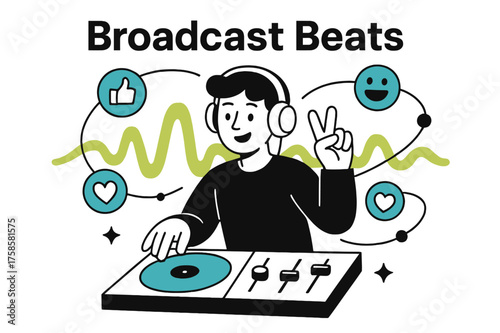 Broadcasting Rhythms. Music and social media. Character live streaming glowing music set with floating