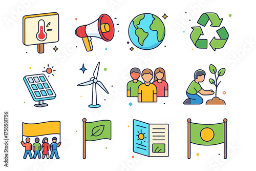 Colorful Climate Icons. Climate change activism. Colorful isometric vector icons set of climate change activism: protest sign, megaphone, globe, recycling