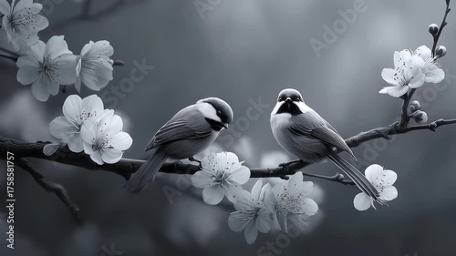 Two Birds Standing on a Branch Among Flowers in a Beautiful Moment