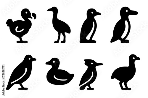 Extinct Birds Icons. Extinct Birds. Filled icon set of Extinct Birds: dodo, passenger pigeon, moa, great auk,