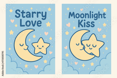 Starry Love Banners. Starry Love. Two vertical A6 banners with safe margins, centered composition, no elements touching edges, cartoon style, pastel blue and