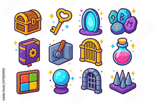 Escape Game Icons. Escape adventure game. Colorful isometric vector icons set of escape adventure game: treasure chest, magic key, glowing portal, rune stones,