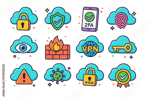 Isometric Cloud Security Icons. Colorful isometric vector icons set of cloud security: padlock, shield, two-factor authentication phone, fingerprint, eye
