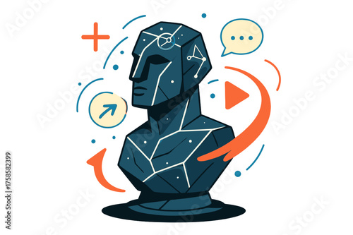 Futuristic Stone Sculpture. Futuristic stone statue. Abstract geometric stone sculpture with glowing lines, floating holographic symbols orbiting around.