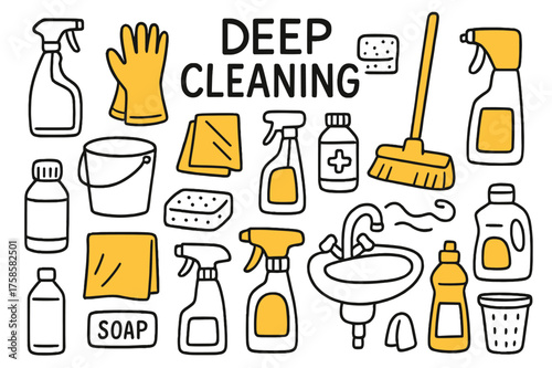 Deep Cleaning Essentials. Deep Cleaning. Hand-drawn doodle illustration deep cleaning mop (accented), bucket, cloth (accented), sponge, spray bottle, gloves