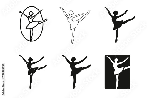 Ballet Logo Variations. Dance moves and techniques. Set Logo of Dance moves and techniques: Ballet arabesque extension. harmonious logo variations of the same