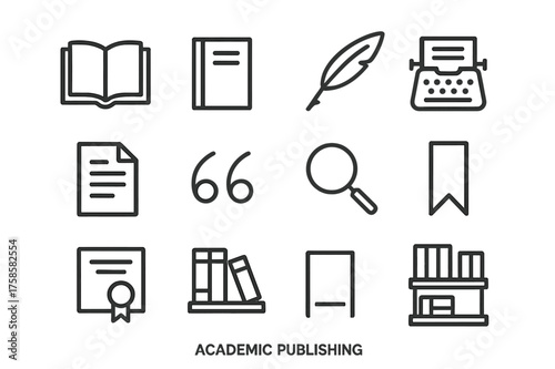 Academic Icon Set. Academic publishing. Line icon set of academic publishing: open book, journal, quill pen, typewriter, document, citation mark, magnifying