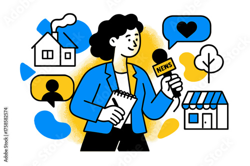 Hyperlocal News Illustrated. Hyperlocal news. A glowing reporter with notepad and microphone, abstract floating houses, shops, and speech bubbles showing