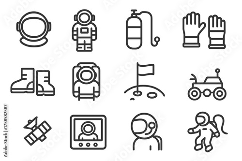 Astronaut Icon Set. Astronauts. Line icon set of Astronauts: space helmet, space suit, oxygen tank, gloves, boots, jetpack, flag on moon, rover, satellite,
