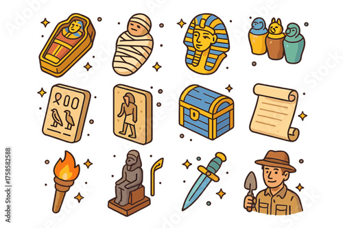 Ancient Tomb Icons. Tomb artifacts. Colorful isometric vector icons set of tomb artifacts: sarcophagus, mummy, burial mask, canopic jars, hieroglyphs, stone