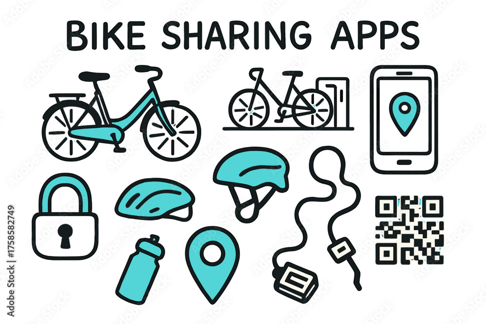 Fototapeta premium Bike Sharing Doodles. Bike Sharing Apps. Hand-drawn doodle illustration bicycle (colored), docking station, smartphone screen (colored), QR code,