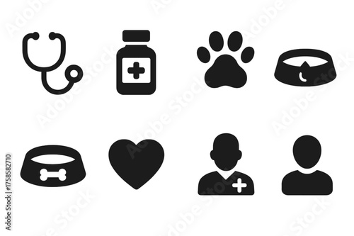 Pet Care Icons. Pet Health & Wellness. Filled icon set of Pet Health & Wellness: stethoscope, medicine, paw