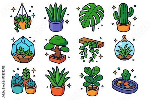 Playful Indoor Plant Icons. Colorful isometric vector icons set of indoor greenery: hanging planter, snake plant, monstera leaf, cactus, terrarium, bonsai