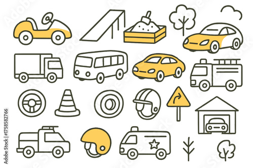 Playground Cars Doodle. Playground Cars. Hand-drawn doodle illustration playground cars toy car (accented), ramp, sandbox (accented), truck, bus, sports car