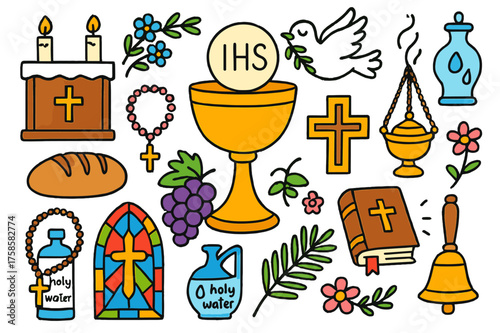 Communion Symbols Illustrated. Communion. Colorful Hand-drawn doodle Children illustration Communion chalice, bread, grapes, altar, Bible, cross, candles,
