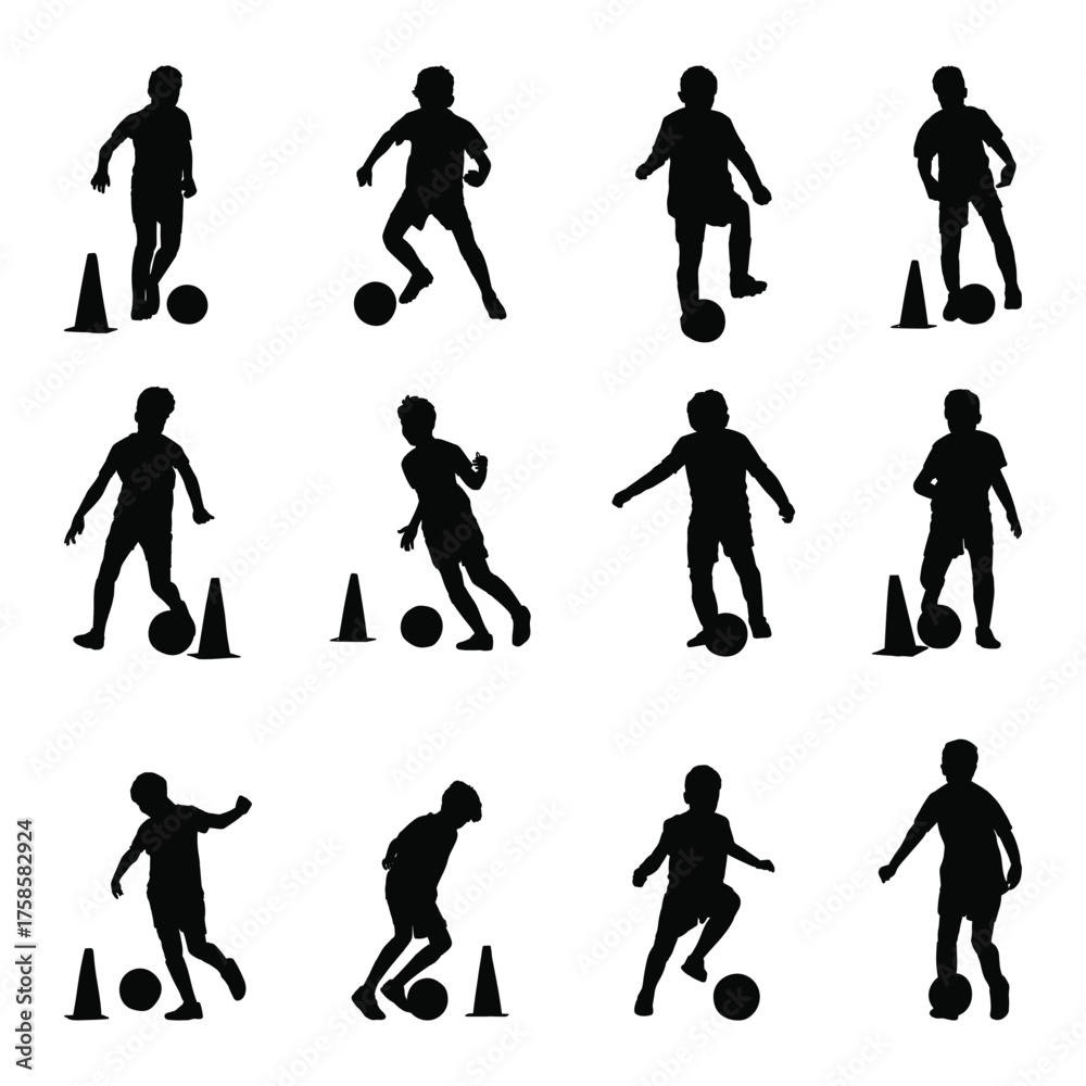 Fototapeta premium Silhouette kids playing soccer with cones, illustrating diverse training drills