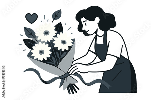 Floral Elegance Unwrapped. Hand-tied bouquet. A florist wrapping glowing stems of dahlias and leaves in paper,