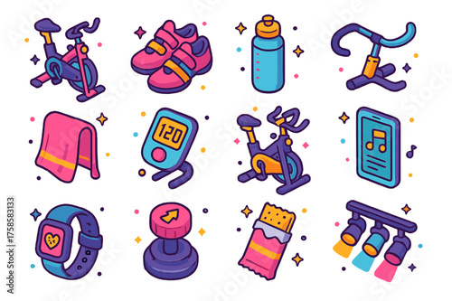 Isometric Spinning Icons. Spinning. Colorful isometric vector icons set of spinning: stationary bike, cycling shoes, water bottle, bike handlebar, sweat towel,