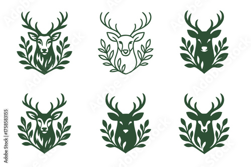 Wildlife Logo Variations. Wild animals in forests and jungles. Set Logo of Wild animals in forests and jungles: Stag with branching antlers framed by foliage.