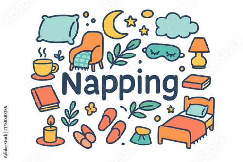 Napping Essentials Art. Napping. Hand-drawn doodle illustration of Napping. Pillow, blanket, cloud, moon,