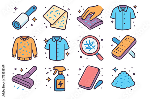 Lint Removal Icons. Colorful isometric vector icons set of picking lint off clothes: lint roller, sticky sheet, hand removing lint, fabric brush, sweater with
