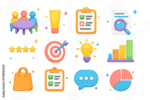 3D Market Research Icons. Market research focus groups. 3D icons set of market research focus groups: group of people around table, product sample, survey