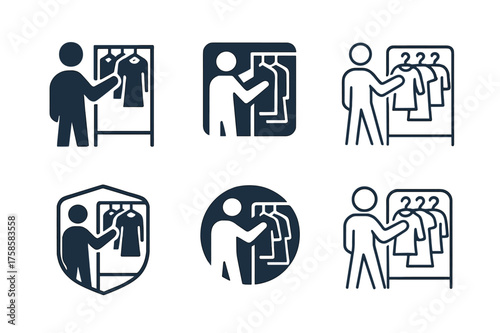 Stylish Boutique Logos. A person browsing through racks of clothes in a stylish boutique. Set Logo of A person browsing through racks of clothes in a stylish