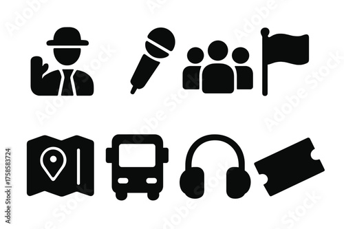 Guided Tours Icons. Guided tours. Filled icon set of Guided tours: tour guide, microphone, group of people,