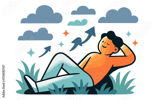 Tranquil Daydreaming Scene. Relaxing in nature. A glowing character reclining in grassy fields, watching