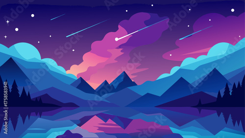 Vibrant mountain landscape under a starry sky with shooting stars