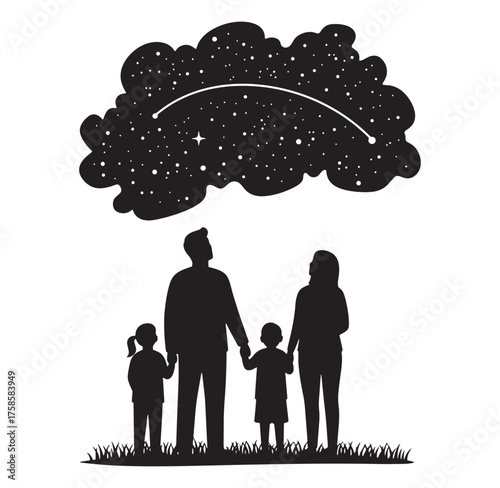 Silhouette of a family gazing at a starry sky dream and hope concept