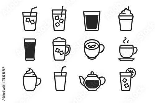 Coffee Drink Icons. Coffee shop drinks. Line icon set of Coffee shop drinks: iced latte, iced americano, cold brew, frappe, nitro coffee, iced cappuccino,