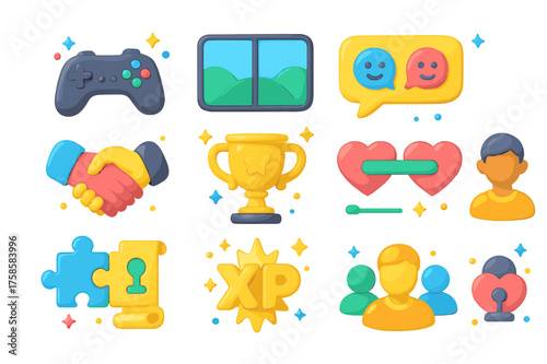 Co-op Gaming Icons. Co-op gaming icons. 3D icons set of co-op gaming icons: two game controllers, split screen, team chat bubble, handshake, victory trophy,