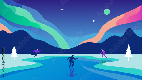 People ice skating under the northern lights in a stylized winter landscape