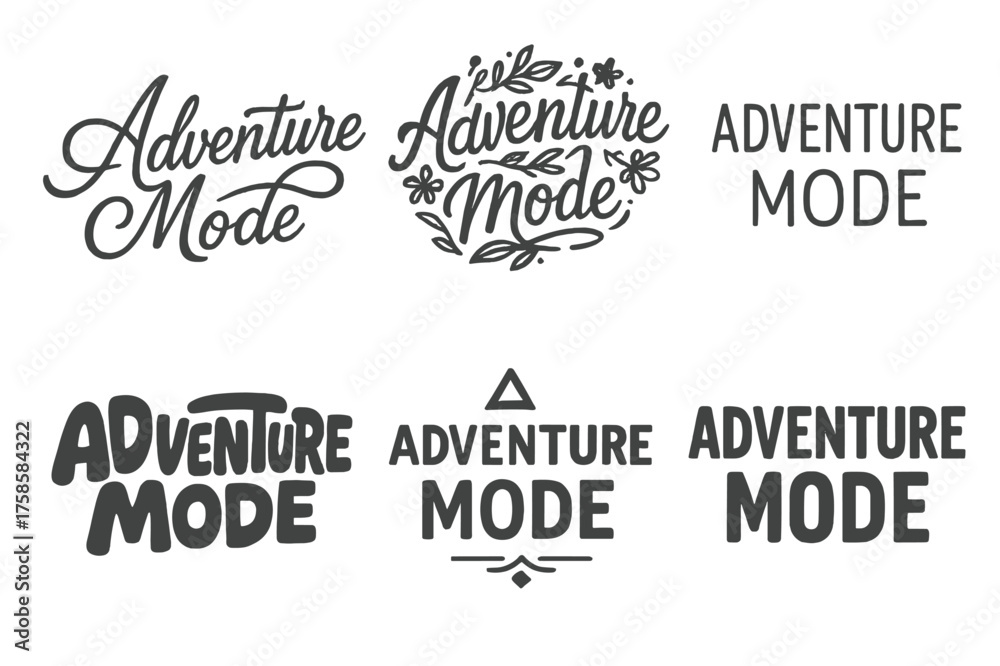 Fototapeta premium Lettering Adventure Grid. Adventure Mode. Set lettering. harmonious lettering variations of the same emblematic concept, each with different artistic