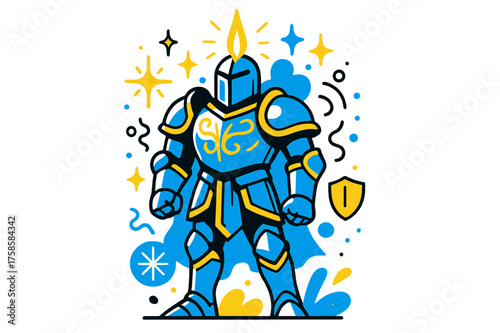 Mystical Glowing Armor. Fantasy armor. A glowing suit of ornate armor standing tall with abstract floating sparks and mystical symbols showing power and