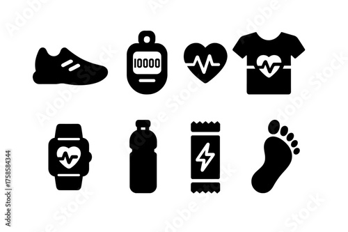Fitness Icon Set. Fitness Monitoring. Filled icon set of Fitness Monitoring: running shoes, pedometer, heart