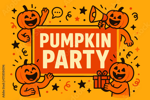 Lively Pumpkin Party Banner. Pumpkin Party banner, flat vector illustration, bold oversized text inside rectangular frame, cartoon characters shouting and