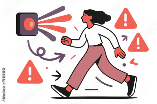 Dynamic Motion Detection. Motion detection. A glowing sensor on the wall projects abstract rays detecting movement. A person walking by triggers floating alert