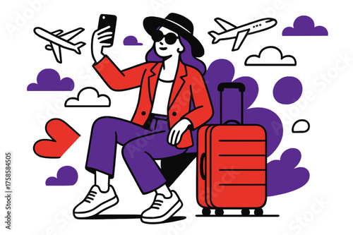 Chic Airport Snapshot. Travel Outfit. A fashionista sits on a suitcase at an airport with a phone raised for a