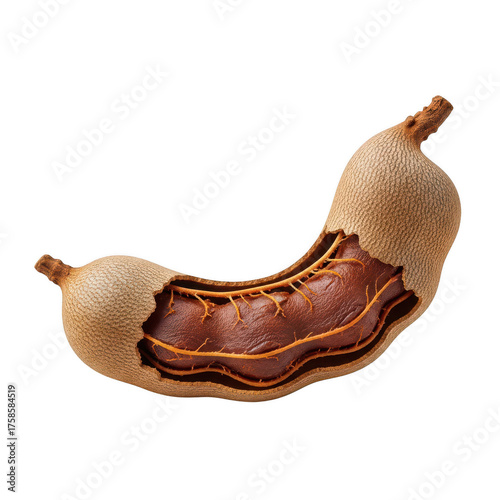 Cutaway view of a ripe tamarind fruit showing pulp and seeds cross section