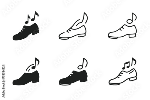 Diverse Dance Logo Variations. Dance moves and techniques. Set Logo of Dance moves and techniques: Tap shoe and rhythm marks. harmonious logo variations of the