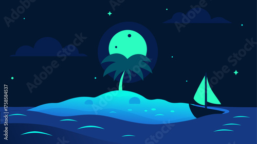 Tranquil tropical island paradise under a starry night sky