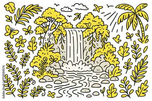 Jungle Waterfall Doodle. Jungle Waterfall. Hand-drawn doodle illustration jungle waterfall waterfall (accented), lush trees, ferns, vines (accented), tropical