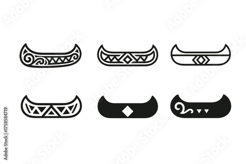 Canoe Logo Variations. Canoeing. Set Logo of Canoeing: Traditional carved canoe with cultural patterns. harmonious logo variations of the same emblematic
