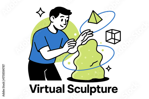 Digital Clay Sculpting. Art and technology. Character sculpting glowing digital clay with floating holographic