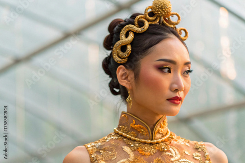 Fotografie A beautiful woman with golden snakes, gold glitter