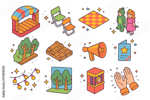 Children's Outdoor Theater Icons. Colorful isometric vector icons set of outdoor children?s theater: open-air stage, folding chairs, picnic blanket, kids in