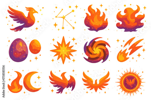Cosmic Phoenix Icons. Cosmic phoenix. 3D icons set of cosmic phoenix: phoenix flying through stars, glowing constellation, cosmic egg, nebula fire cloud,