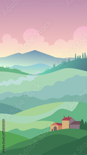 Pastel tuscan landscape with rolling hills and farmhouses